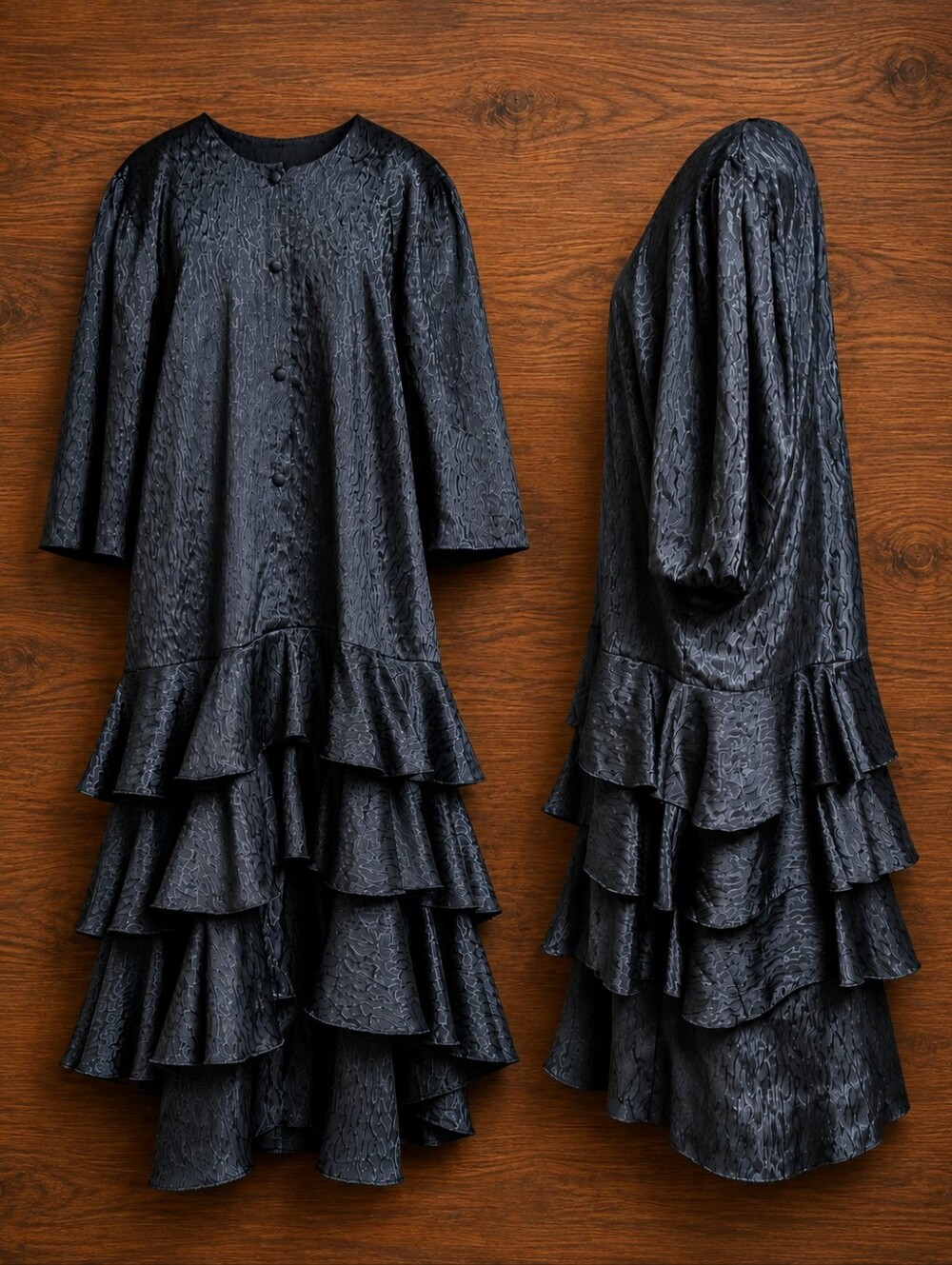 Vintage 1980s Christie Black Relaxed Buttoned Tiered Ruffle Maxi Dress Size 18 - Picture 3 of 15